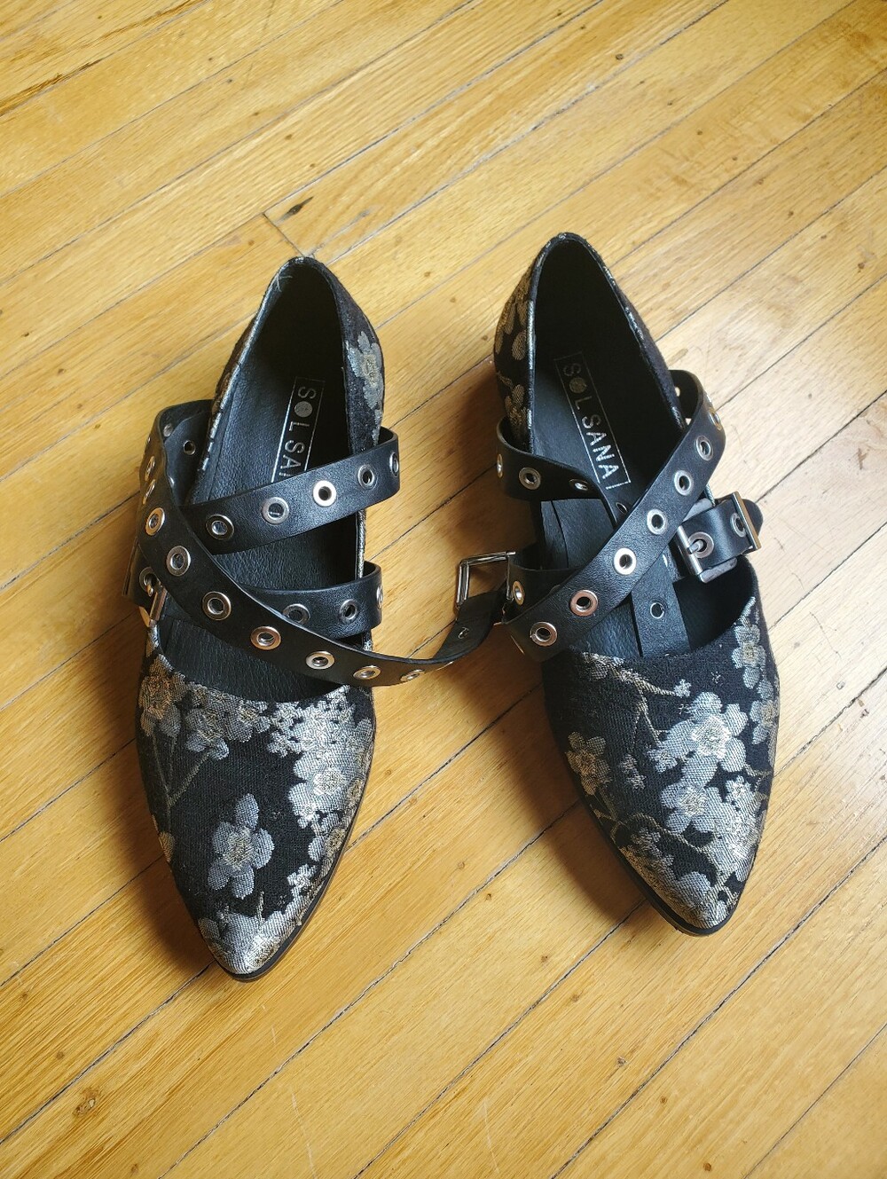 Sol Sana Black Floral Pointed Toe Strap Flats with Metallic Accent